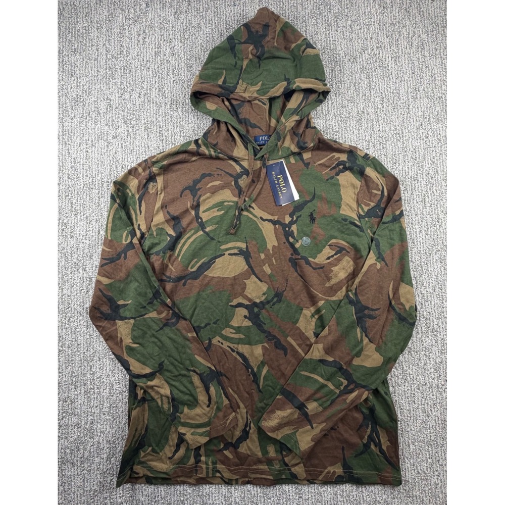 Polo Ralph Lauren Hoodie Mens Large Green Camo Long Sleeve Cotton T-Shirt NWT